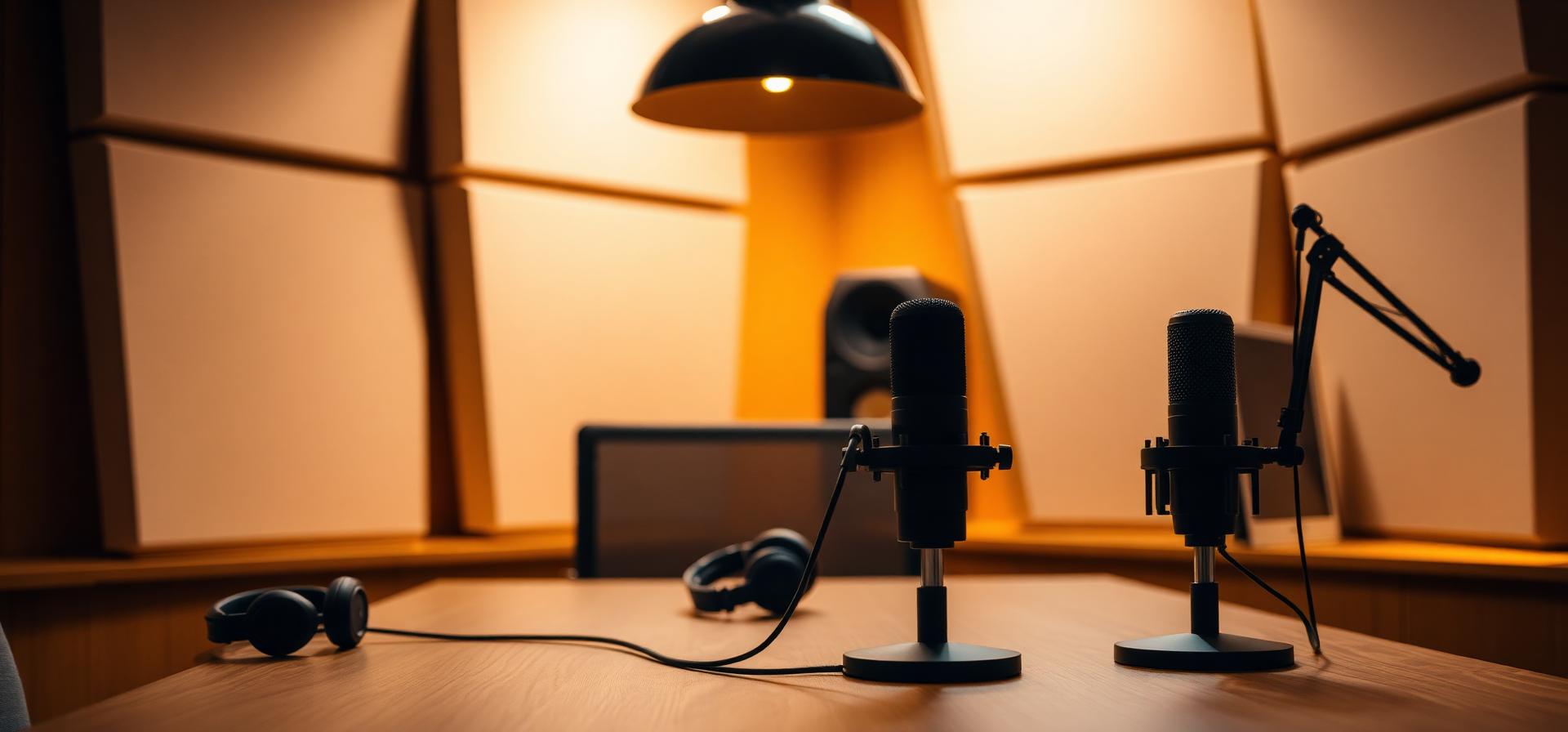 Two podcast hosts in conversation around a studio microphone